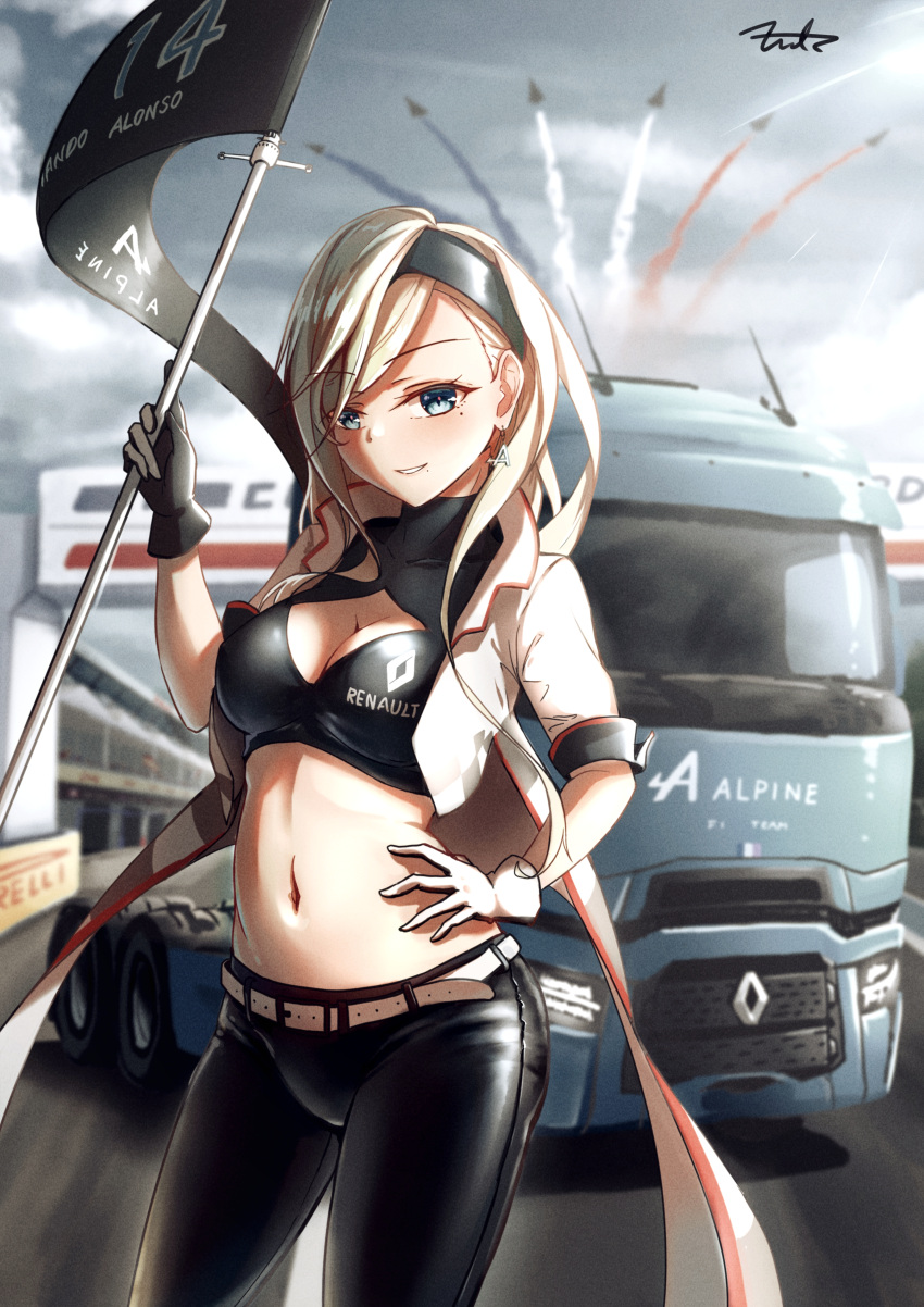 1girl absurdres alternate_costume belt black_gloves black_headband black_pants blonde_hair blue_eyes breasts brown_belt crop_top day fritz614 gloves ground_vehicle hair_between_eyes headband highres kantai_collection long_hair medium_breasts mole mole_under_eye mole_under_mouth motor_vehicle outdoors pants richelieu_(kancolle) solo standing truck two-tone_gloves white_gloves