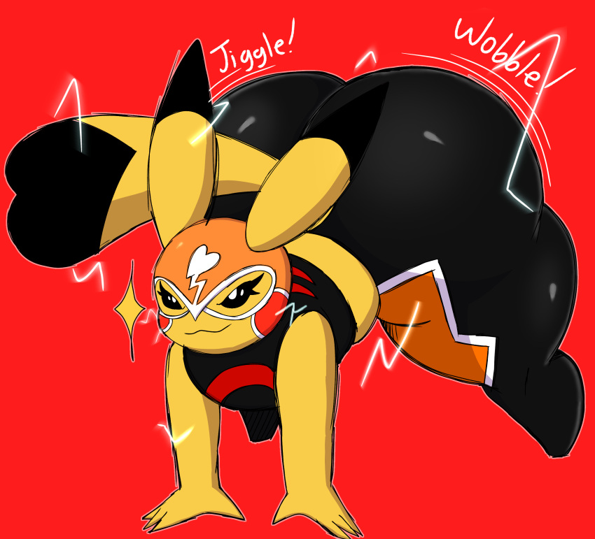 2022 absurd_res anthro arthurclaws bent_over big_butt black_eyes butt clothed clothing cosplay_pikachu_(costume) digital_drawing_(artwork) digital_media_(artwork) electricity english_text female fur generation_1_pokemon hi_res huge_butt jiggling mammal mask nintendo pikachu pikachu_libre pokemon pokemon_(species) rodent shaded simple_background sketch solo text thick_thighs video_games wide_hips yellow_body yellow_fur