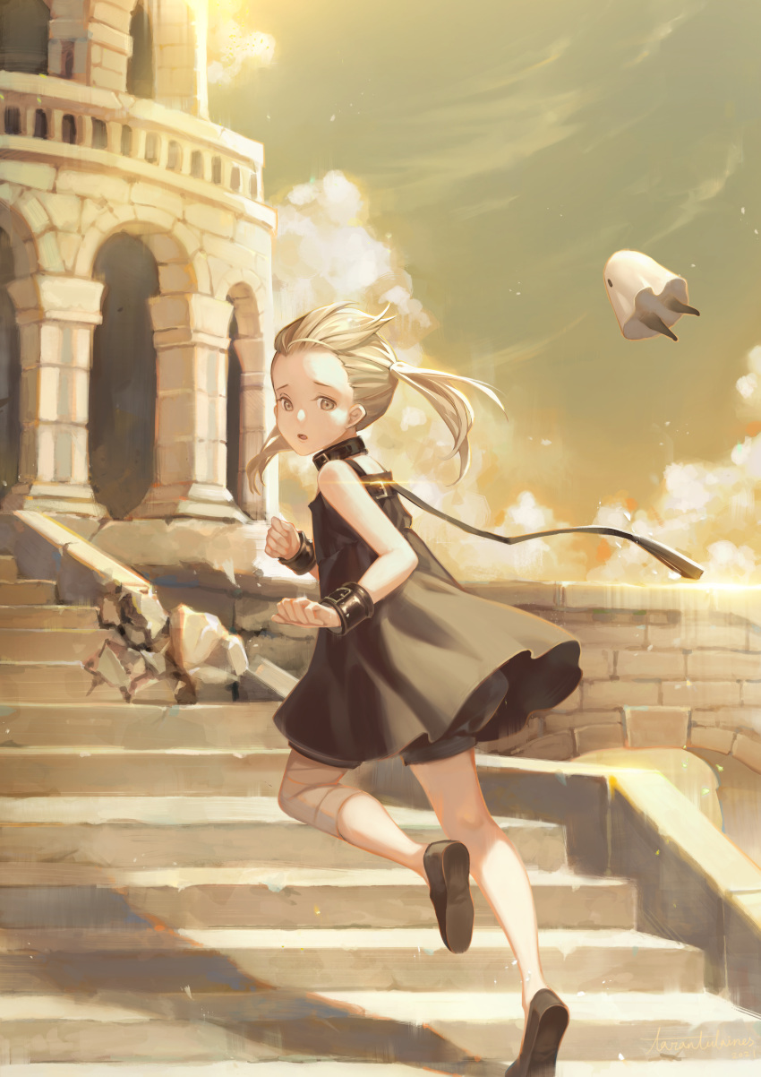 1girl :o absurdres architecture bandaged_knees blonde_hair bridge collar dress fio_(nier) fleeing flying ghost highres long_hair looking_back mama_(nier) nier_(series) nier_reincarnation open_mouth pillar rubble running sepia shorts sleeveless sleeveless_dress stairs stone_stairs tarantulaines twintails wristband yellow_eyes