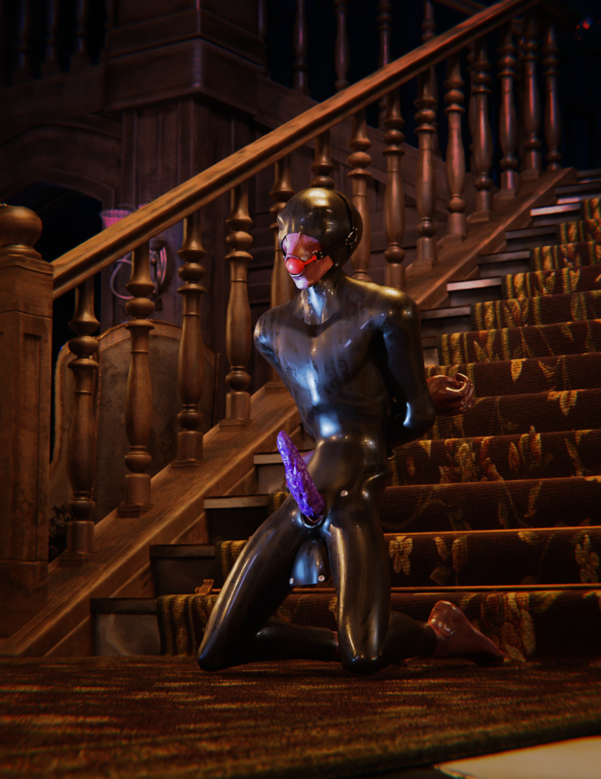 3d_(artwork) alien ball_gag bdsm bondage bound clothing digital_media_(artwork) erection gag gagged genitals hands_behind_back hi_res humanoid kneeling latex_hood male not_furry nude penis purple_penis ralic_turman rubber rubber_clothing rubber_suit sectoid slim solo stairs submissive submissive_male tight_clothing video_games x-com