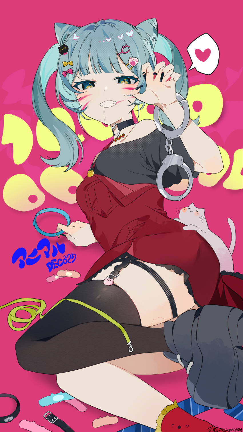 1girl absurdres animal_(vocaloid) aqua_hair asymmetrical_legwear bangs black_thighhighs blunt_bangs claw_pose cone_hair_bun foot_out_of_frame hair_bun hatsune_miku highres legwear_garter mismatched_legwear omutatsu overalls red_socks single_sock single_thighhigh socks solo thighhighs twintails vocaloid