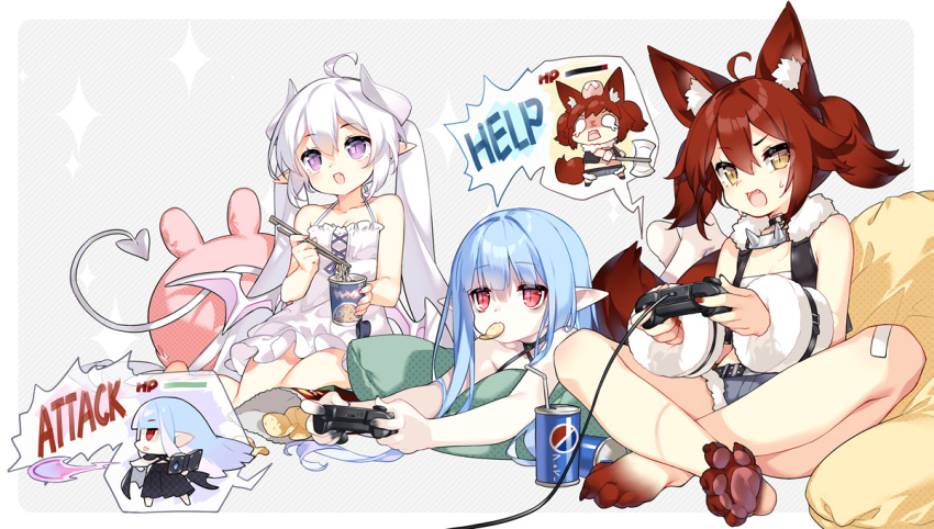 3girls :d axe bag_of_chips bangs bare_arms bare_shoulders barefoot belt belt_buckle black_belt black_dress blue_hair blue_shorts book brown_eyes buckle chibi chips chopsticks commentary_request controller criss-cross_halter crossed_bandaids cup cup_ramen demon_girl demon_horns demon_tail demon_wings diagonal_stripes disposable_cup dress fang food food_in_mouth fur-trimmed_shorts fur_trim furry furry_female game_controller hair_between_eyes halterneck head_bump holding holding_axe holding_book holding_chopsticks holding_controller holding_cup horns long_hair low_wings magic mofetousu_furuna mouth_hold multiple_girls nail_polish open_book original pink_wings playing_games potato_chips purple_eyes red_eyes red_hair red_nails saru short_shorts shorts sitting sleeveless sleeveless_dress slit_pupils smile soles sparkle striped sweat tail twintails very_long_hair white_dress white_hair wings