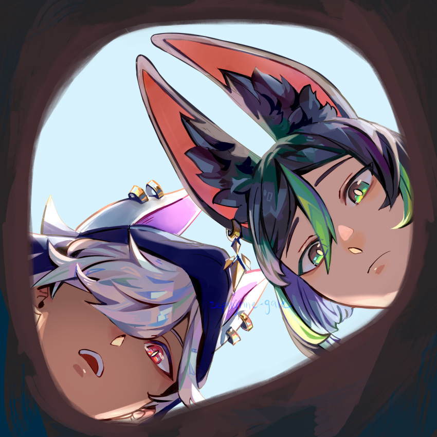 2boys animal_ear_fluff animal_ears black_hair closed_mouth cyno_(genshin_impact) dark-skinned_male dark_skin earrings fox_boy genshin_impact green_hair hair_between_eyes hair_over_one_eye highres hole jewelry looking_down male_focus multicolored_hair multiple_boys open_mouth pov single_earring tighnari_(genshin_impact) white_hair zephyrine-gale