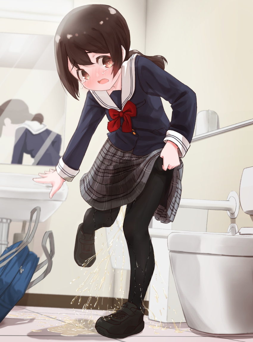 1girl bag bangs bathroom black_footwear black_pantyhose blue_shirt blush bow bowtie breast_pocket bright_pupils brown_eyes brown_hair buttons clothes_lift commentary_request commission embarrassed flat_chest full_body grey_skirt have_to_pee highres indoors leaning_forward leg_up lifted_by_self long_hair long_sleeves looking_down miniskirt mirror motion_blur nose_blush open_mouth original outstretched_arm pantyhose pee peeing peeing_self plaid plaid_skirt pleated_skirt pocket ponytail puddle red_bow red_bowtie reflection sailor_collar school_bag school_uniform shiny shiny_hair shirt shoes sidelocks sink skeb_commission skirt skirt_lift sneakers solo standing standing_on_one_leg tears throwing tile_floor tiles toilet toilet_paper urabe_miyabi wet wet_clothes white_pupils white_sailor_collar wide-eyed