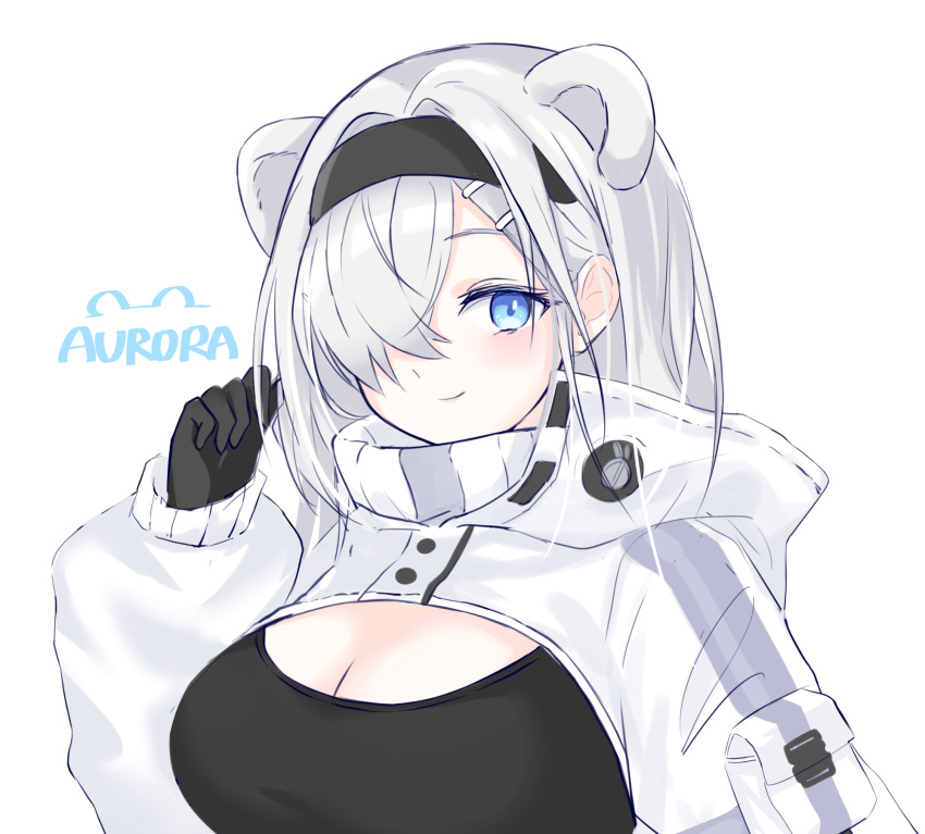 1girl animal_ears arknights aurora_(arknights) bangs bear_ears black_gloves black_hairband black_shirt blue_eyes breasts character_name cleavage commentary_request gloves hair_over_one_eye hairband hand_up highres lalihop large_breasts long_hair looking_at_viewer shirt shrug_(clothing) simple_background smile solo upper_body white_background white_hair