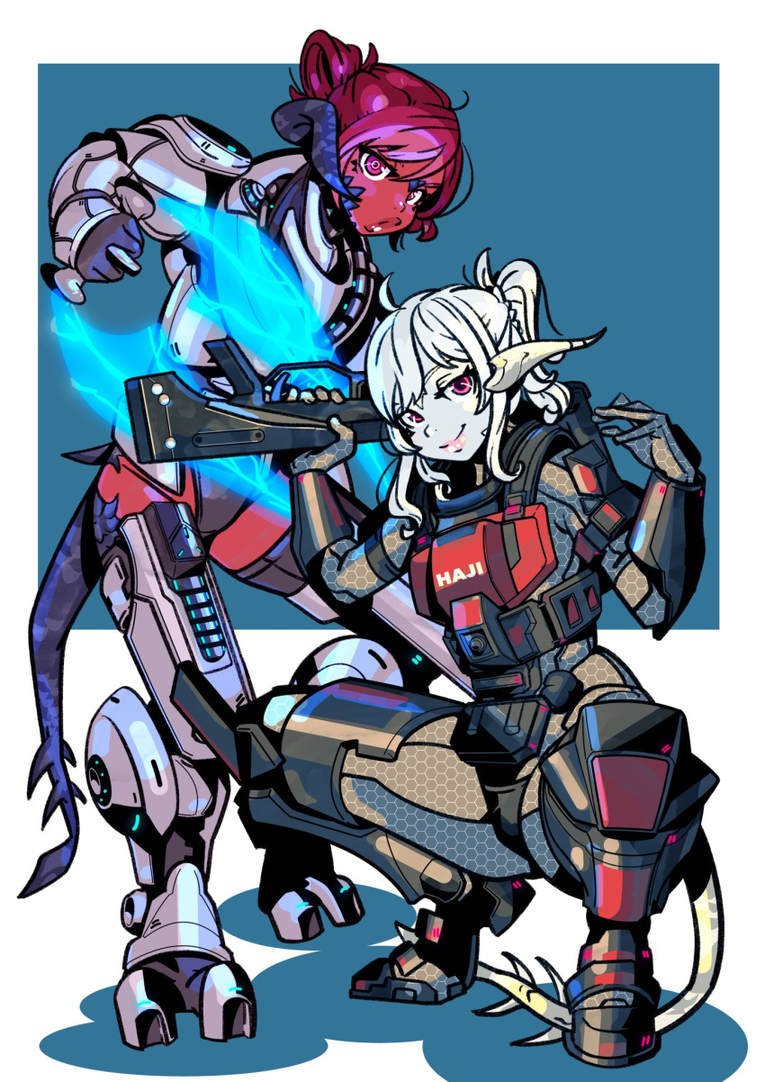 2girls armor au_ra avatar_(ff14) bodysuit breastplate colored_skin commission cosplay dragon_girl dragon_horns dragon_tail energy_sword final_fantasy final_fantasy_xiv grey_bodysuit grey_skin gun halo_(series) highres holding holding_gun holding_sword holding_weapon horns looking_at_viewer m90 metal_boots multiple_girls odst odst_(cosplay) over_shoulder ponytail red_eyes rolan-ce sangheili sangheili_(cosplay) shotgun skeb_commission smile squatting sword tail type-1_energy_sword weapon weapon_over_shoulder white_hair