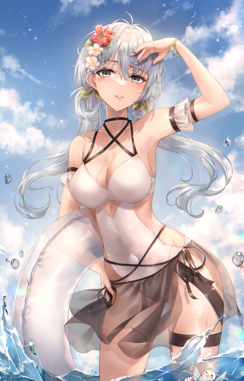 1girl absurdres bird black_skirt blue_hair blue_sky blush bow bracelet breasts casual_one-piece_swimsuit cleavage cloud cloudy_sky covered_navel cowboy_shot flower frills garter_belt glowing green_bow hair_flower hair_ornament highres holding_floatie jewelry large_breasts light_blue_hair long_hair looking_at_viewer low_twintails ocean one-piece_swimsuit original pippin_(pippin_sol) red_flower see-through see-through_skirt skirt sky smile standing swimsuit twintails water water_drop waves white_flower white_one-piece_swimsuit