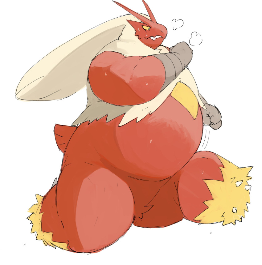 anthro belly big_belly blaziken bodily_fluids fur generation_3_pokemon hi_res male morbidly_obese morbidly_obese_anthro nintendo obese obese_anthro overweight overweight_anthro pokemon pokemon_(species) red_body red_fur solo sweat video_games weight_gain zephy_03