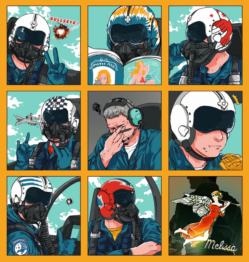 6+boys \m/ a-10_thunderbolt_ii ace_combat ace_combat_6 aircraft airplane ana_819 angel avalanche_(ace_combat) awacs cockpit eating emblem f-15_eagle fighter_jet food food_on_face ghost_eye highres jet magazine_(object) marcus_lampert military military_vehicle multiple_boys pie pilot pilot_helmet pilot_suit sky_kid_(ace_combat) snake_pit_(ace_combat) squiggle stingray_(ace_combat) talisman_(ace_combat) v windhover_(ace_combat)