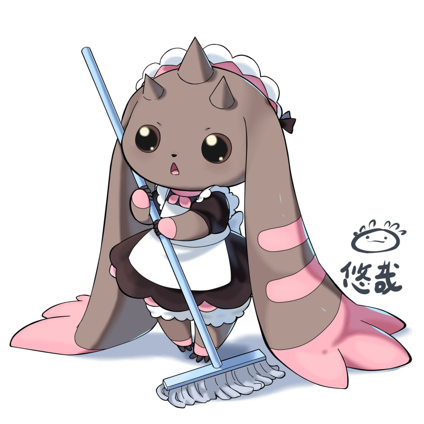 anthro bandai_namco beady_eyes broom cleaning_tool clothing digimon digimon_(species) dress hi_res horn long_ears lopmon maid_uniform simple_background solo uniform white_background youzaiyouzai112