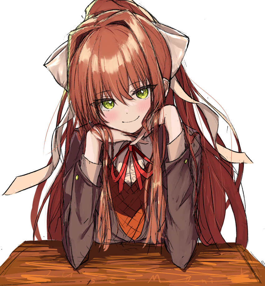 1girl b4_(yonten) blazer blush brown_hair brown_jacket closed_mouth desk doki_doki_literature_club green_eyes hands_on_own_chin highres jacket long_hair long_sleeves looking_at_viewer monika_(doki_doki_literature_club) neck_ribbon ponytail red_ribbon ribbon school_desk simple_background sketch smile solo upper_body very_long_hair white_background