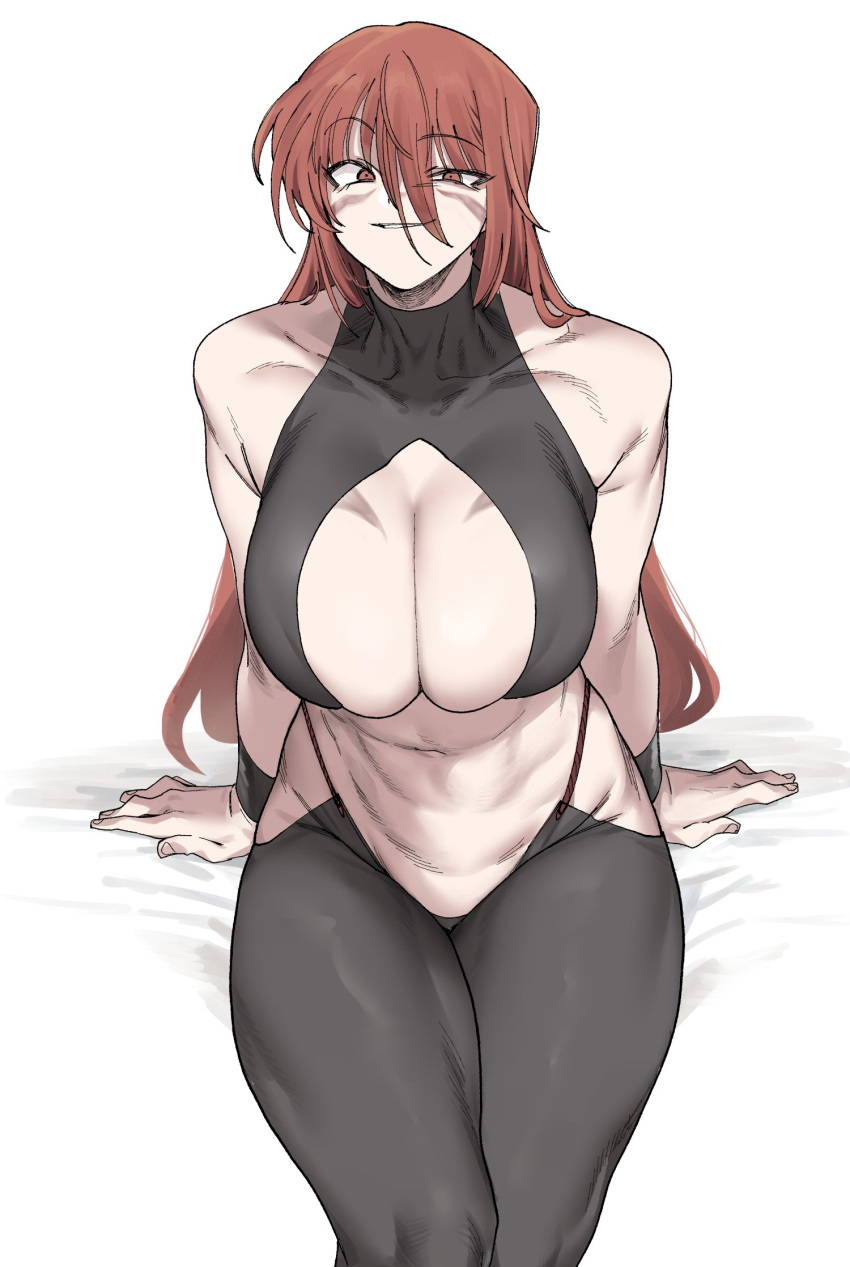 1girl abs breasts collarbone eyebrows_visible_through_hat facial_mark hair_between_eyes halterneck highres large_breasts legs_together long_hair looking_at_viewer muscular muscular_female navel original red_hair skin_tight skindentation smile solo tsurime urec wristband