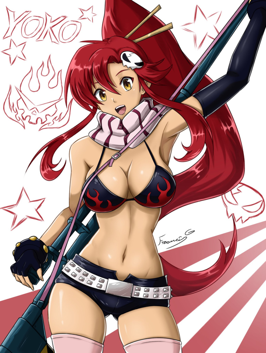 1girl anti-materiel_rifle belt bikini bikini_top_only breasts fgsketch flame_print gun hair_ornament highres large_breasts long_hair ponytail red_hair rifle short_shorts shorts skull_hair_ornament sniper_rifle solo studded_belt swimsuit tengen_toppa_gurren_lagann very_long_hair weapon yoko_littner