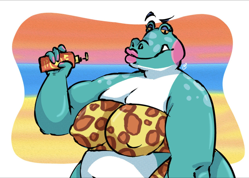 alli_(animal_crossing) alligator alligatorid animal_crossing anthro beach belly big_belly big_breasts bikini bikini_bottom bikini_top biped blue_body blush breasts butt clothed clothing crocodilian digital_media_(artwork) dominant dominant_female fangs female green_body half-closed_eyes hi_res huge_breasts human human_on_anthro humanoid interspecies lips lotion lube lube_bottle lube_container makeup male male/female mammal markings multicolored_body narrowed_eyes navel nintendo nipples offscreen_character offscreen_male overweight overweight_anthro overweight_female reptile scalie seaside simple_background spots spotted_body swimwear teeth thick_lips thick_thighs unoburto video_games villager_(animal_crossing) wide_hips