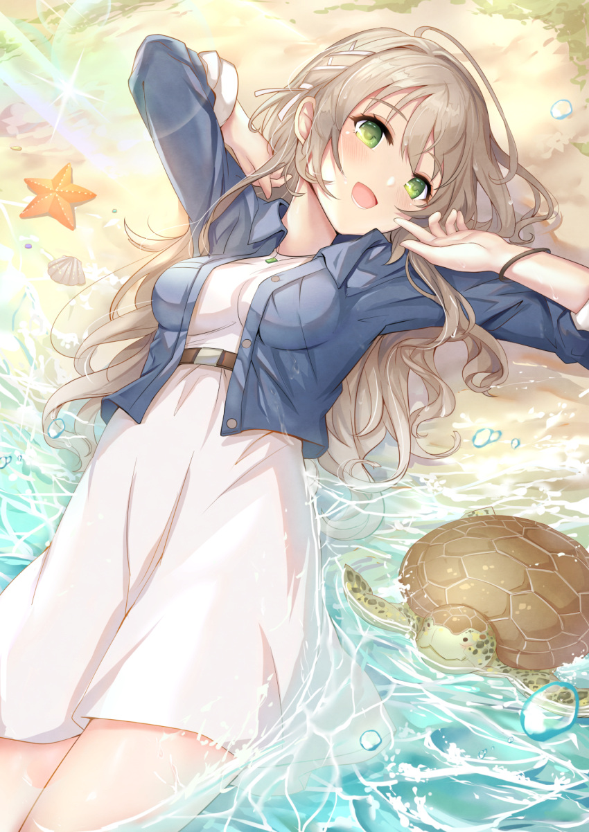 1girl :d beach breasts brown_hair day dress hair_ornament hairclip highres jacket jewelry light_brown_hair long_hair miyazawa_fuuka necklace outdoors sea_turtle seashell shell shiroi_suna_no_aquatope small_breasts smile starfish sunlight turtle water wet white_dress wristband yougen_kitsune