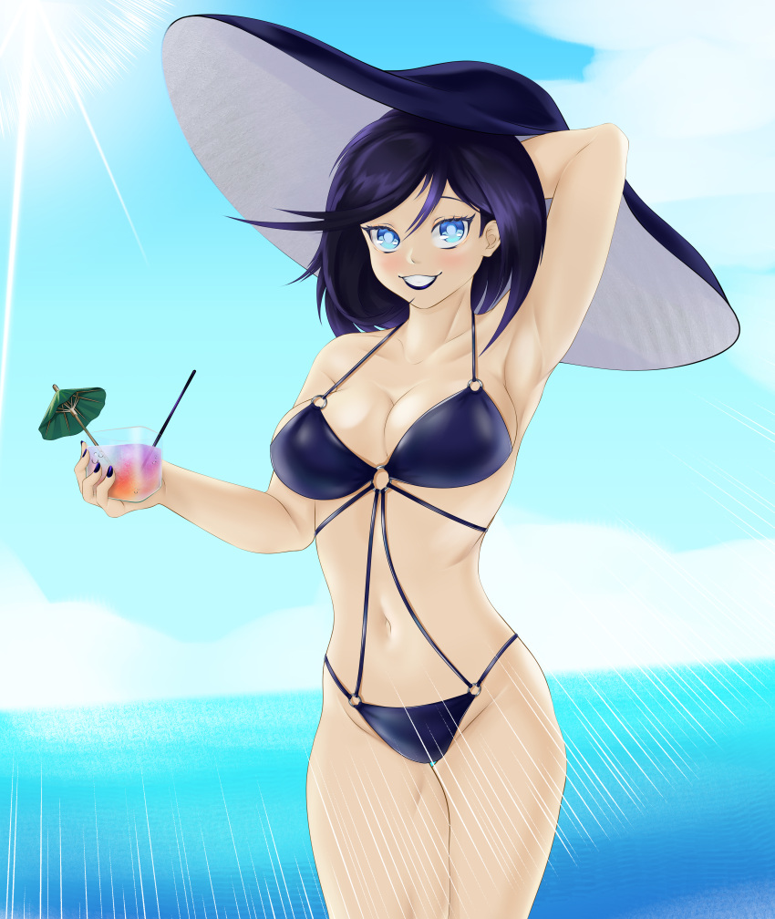 1girl absurdres arm_behind_head badsharku bikini black_bikini black_hair blue_bikini blue_eyes breasts cleavage cocktail_umbrella girls'_frontline hat highres intruder_(girls'_frontline) large_breasts lipstick looking_at_viewer makeup nail_polish sangvis_ferri swimsuit