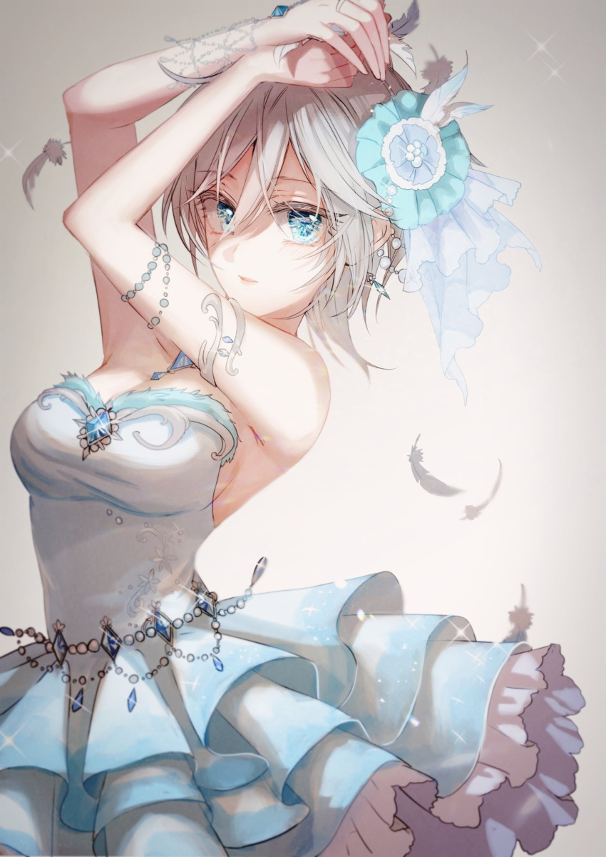 1girl anastasia_(idolmaster) armpits arms_up bangs bare_shoulders blue_eyes bracelet breasts cleavage collarbone dress earrings feathers frilled_dress frills gradient gradient_background grey_background hair_between_eyes hair_ornament hands_on_own_head highres idolmaster idolmaster_cinderella_girls jewelry looking_at_viewer medium_breasts necktie ring rum_raisin_(chihiromakita19) short_hair simple_background sleeveless sleeveless_dress solo sparkle white_dress white_hair