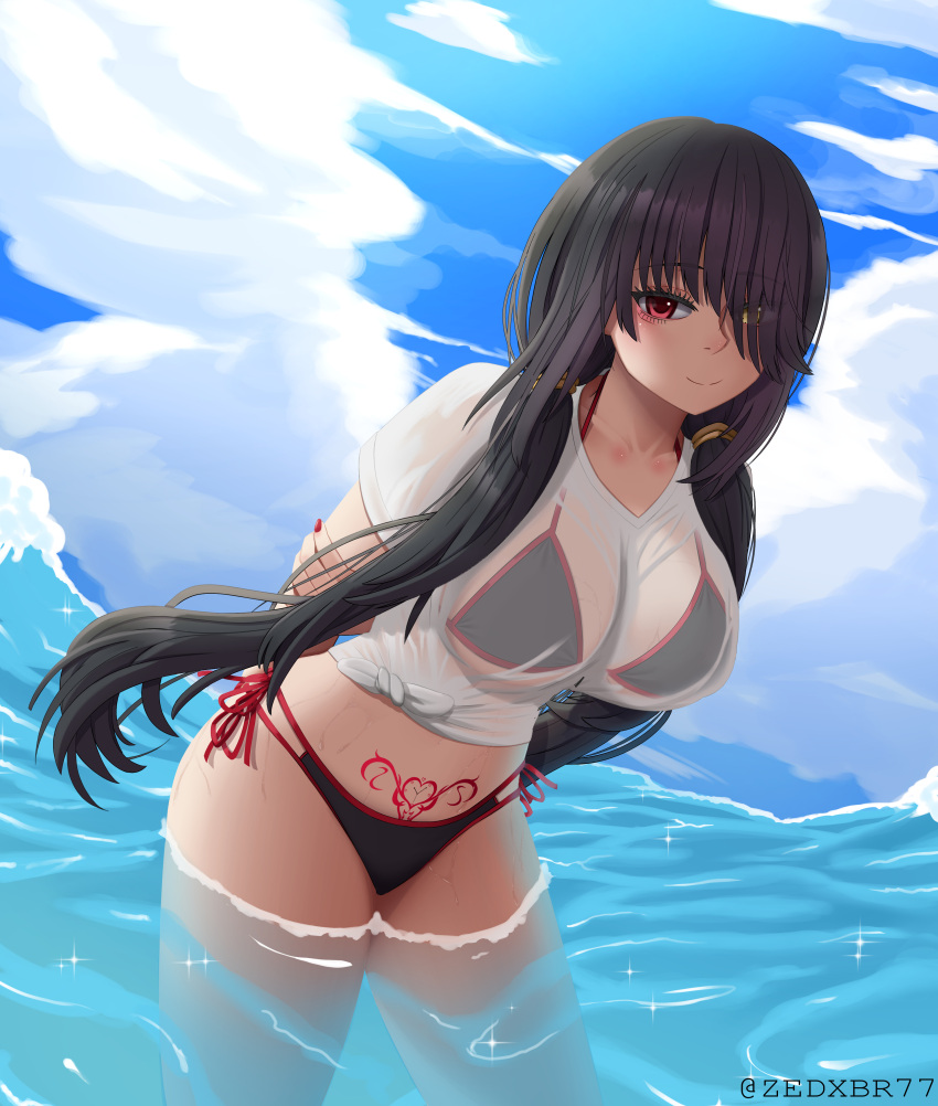 1girl absurdres arms_behind_back artist_name backlighting bangs bikini bikini_under_clothes black_bikini black_hair breasts cleavage cowboy_shot date_a_live hair_ornament hair_over_one_eye hand_on_arm heterochromia highres large_breasts leaning_forward long_bangs long_hair looking_at_viewer low_twintails navel ocean outdoors pubic_tattoo red_eyes red_nails see-through shirt side-tie_bikini_bottom sideboob smile solo sunlight swimsuit swimsuit_under_clothes tattoo thighs tokisaki_kurumi twintails underboob very_long_hair wading watermark wet wet_clothes wet_shirt white_shirt yellow_eyes zedxbr