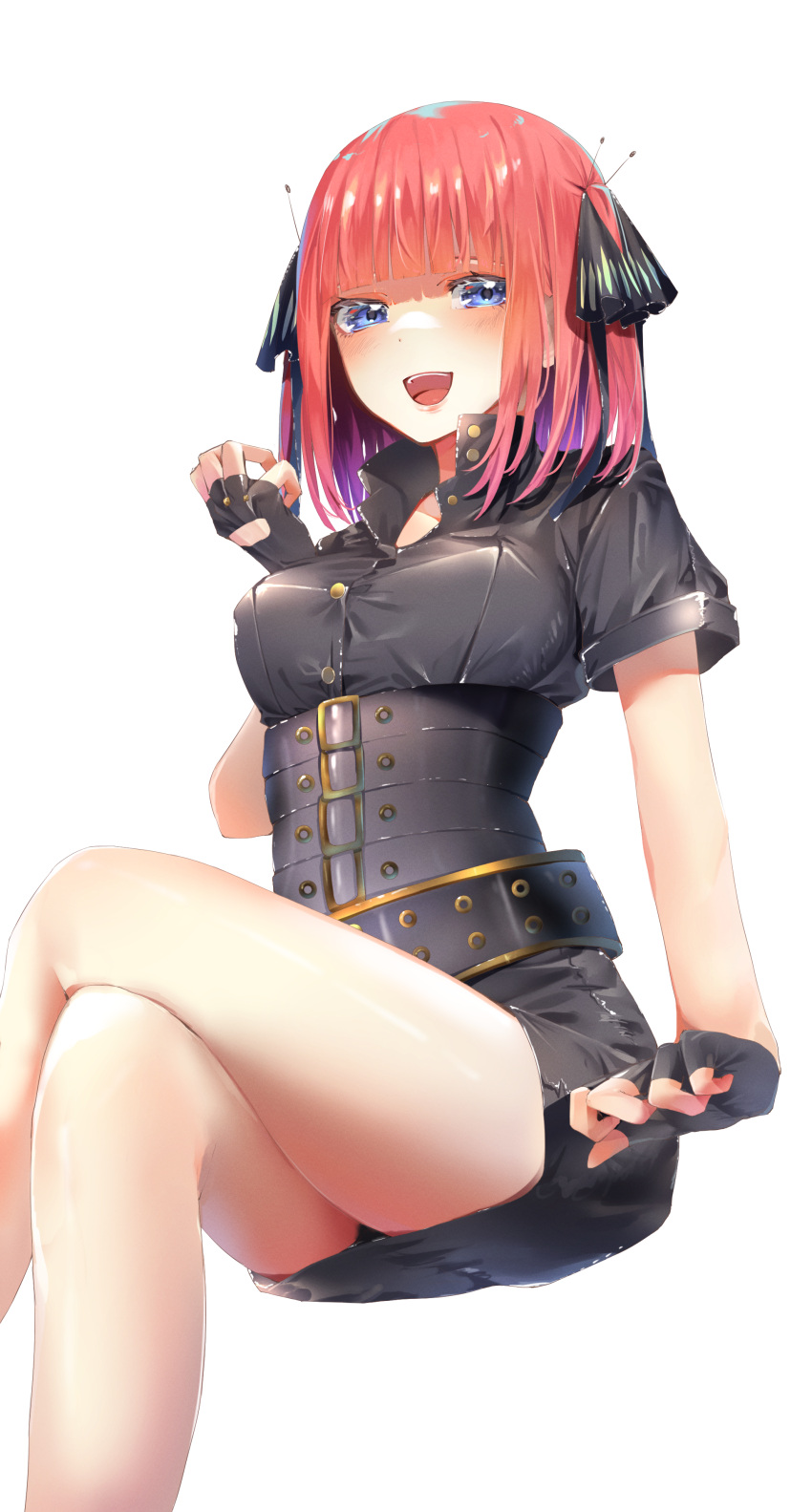 1girl :d absurdres bangs bare_legs belt black_dress black_panties blue_eyes blunt_bangs blush breasts butterfly_hair_ornament corset crossed_legs dress feet_out_of_frame fingerless_gloves gloves go-toubun_no_hanayome hair_ornament highres invisible_chair large_breasts looking_at_viewer nakano_nino open_mouth panties pantyshot pink_hair short_dress short_hair short_sleeves simple_background sitting smile solo two_side_up underbust underwear upskirt white_background yuunamida_uyu