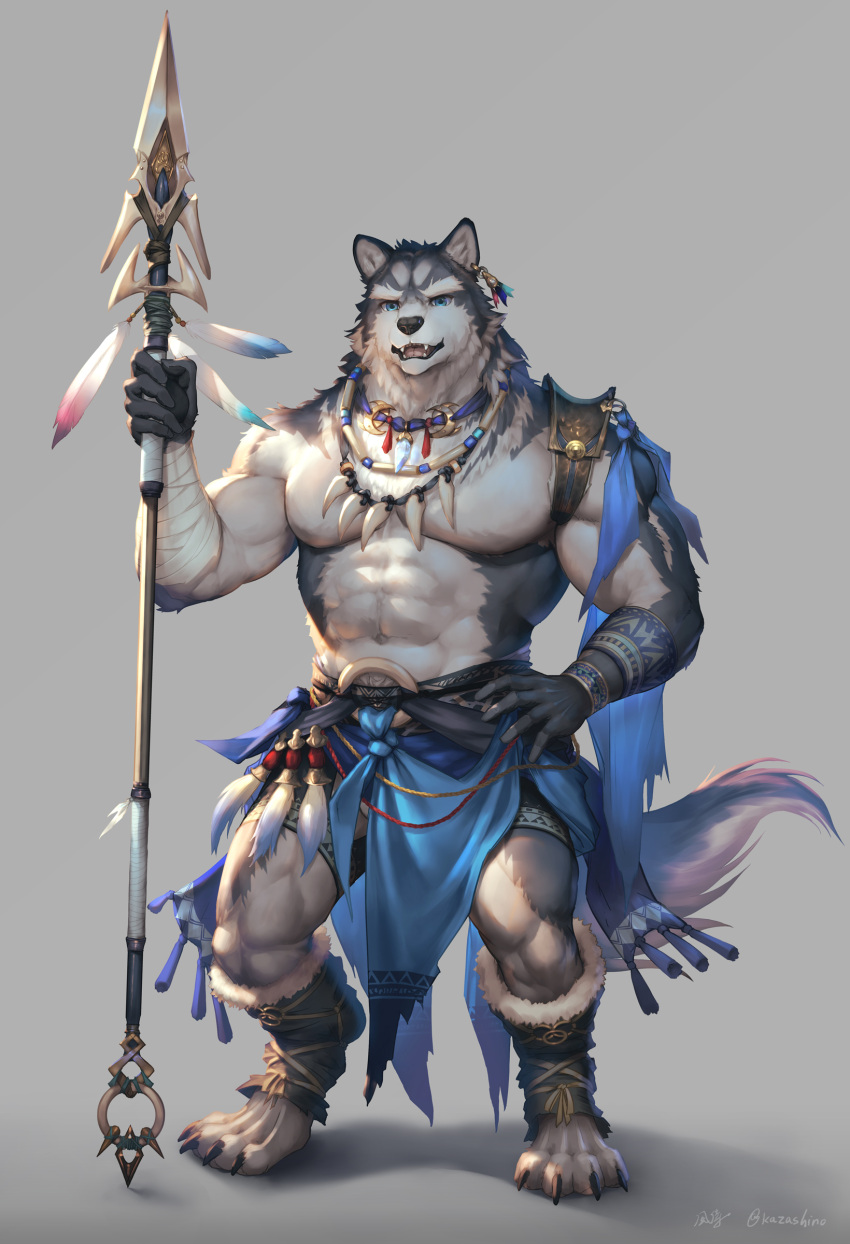 abs absurd_res anthro armlet bandaged_arm blue_eyes blue_undergarments bottomwear bracelet canid canine canis claws clothed clothing digital_media_(artwork) ear_piercing ear_ring exposed_chest fabric feet footwear fur grey_background grey_body grey_fur hi_res holding_object holding_weapon jewelry kazashino loincloth male male_anthro mammal melee_weapon muscular muscular_anthro muscular_arms muscular_legs muscular_male navel necklace open_mouth pecs piercing polearm ring_piercing scarf shorts shoulder_guards signature simple_background solo spear standing teeth_showing toe_claws tooth_necklace topless tribal weapon white_body white_fur wolf
