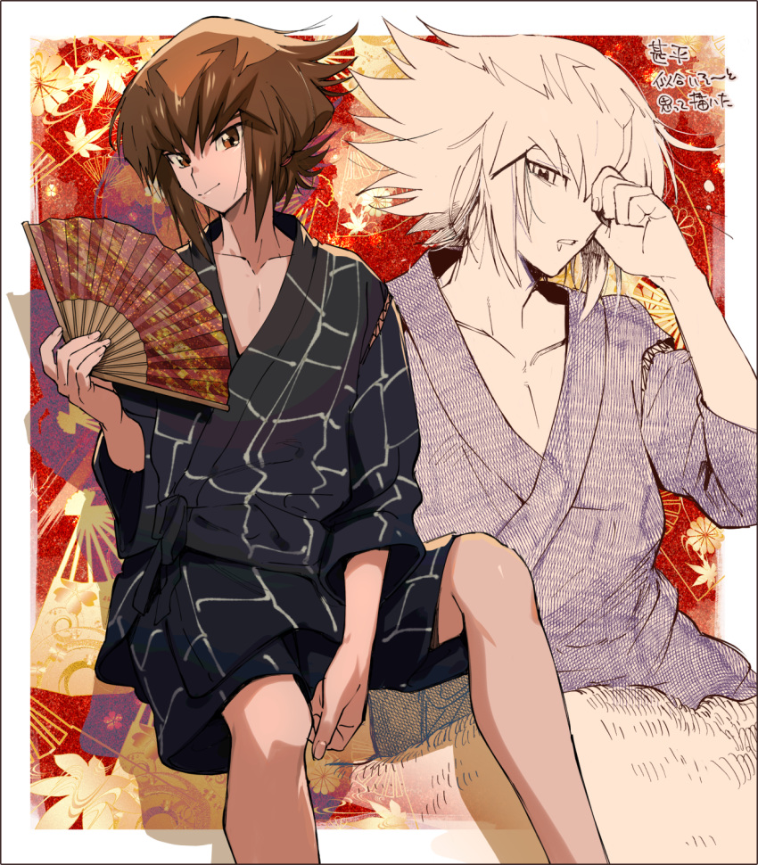 1boy aoki_(fumomo) bangs bare_legs black_kimono black_shorts border brown_eyes brown_hair closed_mouth collarbone drooling hair_between_eyes hand_fan highres holding holding_fan japanese_clothes kimono long_hair male_focus multicolored_hair open_mouth outside_border shiny shiny_hair short_shorts shorts sitting sketch two-tone_hair white_border yu-gi-oh! yu-gi-oh!_gx yuuki_juudai