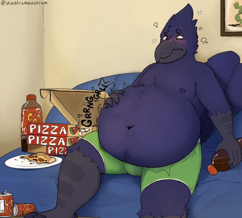 anthro austrum avian belly beverage beverage_can big_belly bird bloated blush bulge cactus can clothing container corvid corvus_(genus) crow embarrassed feathers food furniture green_clothing green_underwear hi_res holding_belly holding_beverage holding_object male navel nipples on_sofa oscine overweight painting passerine pizza pizza_box pizza_slice plant plate rumbling_stomach sitting sofa soft_drink solo solo_focus sound_effects text underwear weight_gain