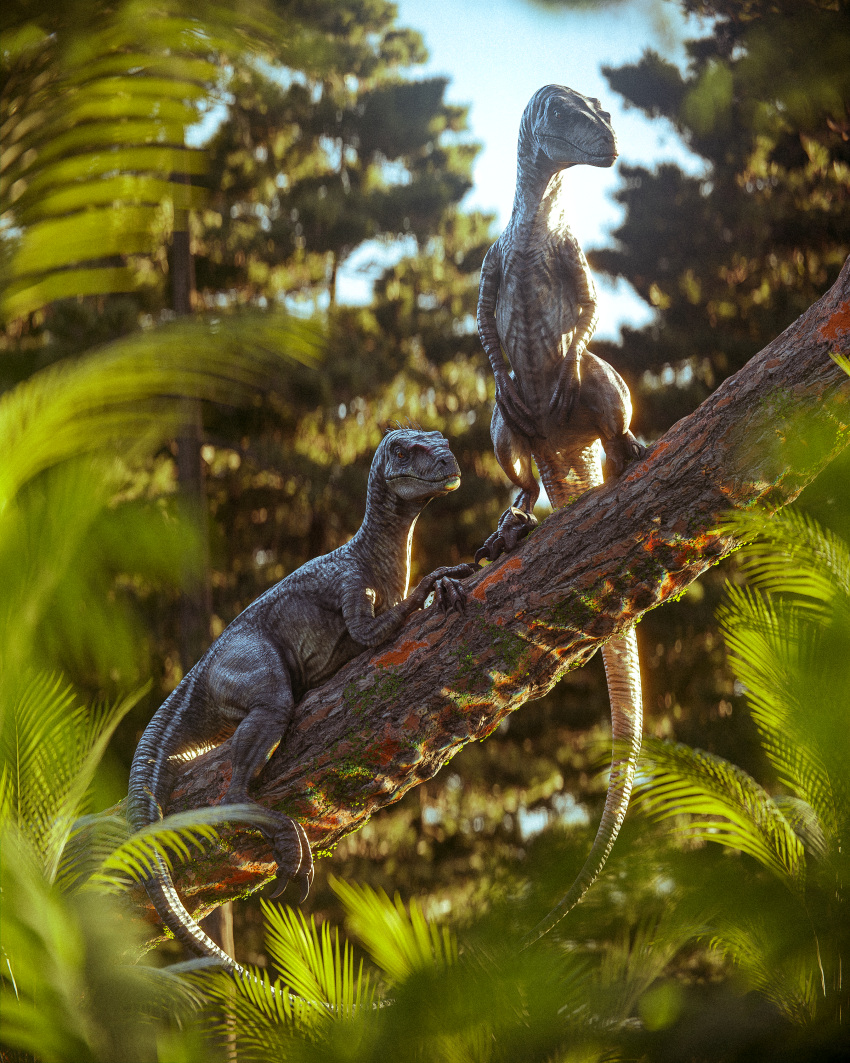 3d_(artwork) absurd_res afternoon blender_(software) claws coniferous_tree digital_media_(artwork) dinosaur dromaeosaurid female forest hi_res jurassic_park kretduy light lounging male palm_tree plant relaxing reptile scalie sky sunbathing sunlight theropod tree tropical trunk universal_studios velociraptor velociraptor_(jurassic_park_3)