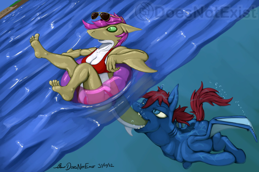 2022 4_toes anthro bikini blue_body blue_eyes blue_skin brown_body brown_hair brown_skin brown_tail bubble clothing countershading digital_media_(artwork) doesnotexist duo equid equine eyewear feet female feral fin fish gills green_eyes hair hasbro hi_res hooves inflatable inner_tube kelpie lake legs_up lidded_eyes male male/female mammal marine membrane_(anatomy) membranous_wings my_little_pony neck_bulge niamh_farquhar open_mouth oral_vore pink_hair red_bikini seaward_skies shark shocked signature sitting soft_vore subscribestar sunglasses swimming swimwear tail_in_mouth toes underwater vore water watermark white_body white_skin wings