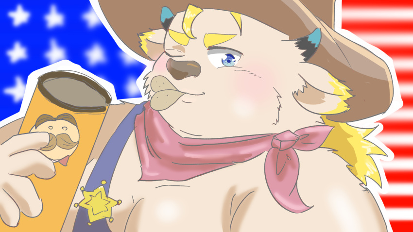 16:9 anthro babe_bunyan blonde_hair blue_eyes blush bovid bovine cattle chips_(food) clothing cowboy_hat eating food hair hat headgear headwear hi_res lifewonders male mammal one_eye_closed overalls pringles slightly_chubby solo stars_and_stripes tokyo_afterschool_summoners tullys_dallies united_states_of_america video_games widescreen wink