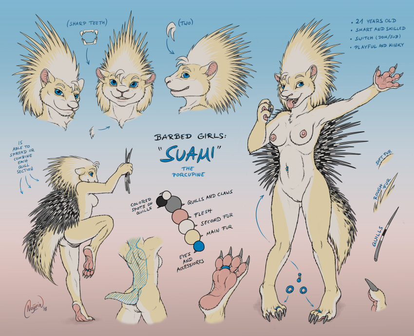 absurd_res anthro barbed_girls barbedstudios blue_eyes breasts claws english_text female genitals hi_res hybrid mammal nayrin nipples paws piercing porcupine pussy quills rodent solo suami text