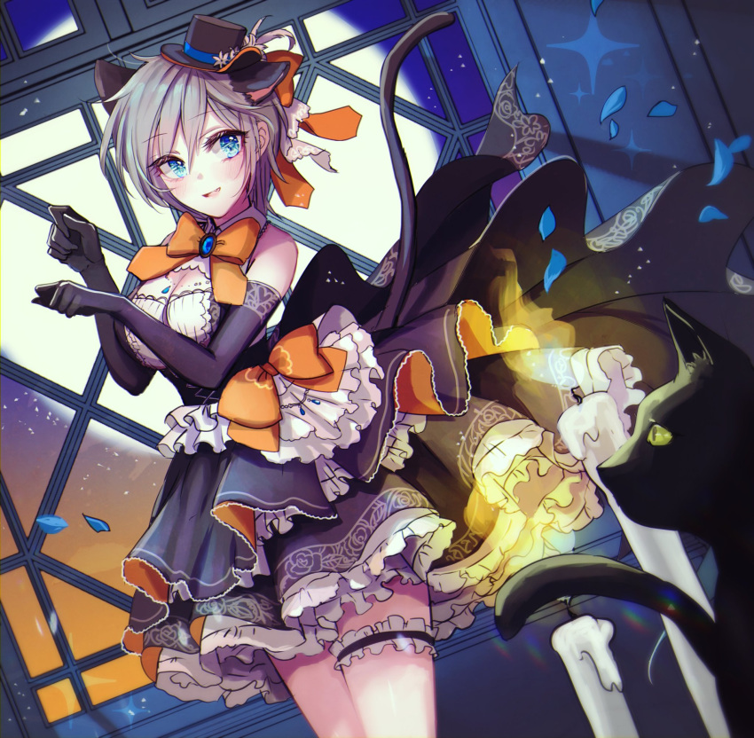 1girl anastasia_(idolmaster) animal_ears black_cat blue_eyes breasts bridal_garter candle cat cat_ears cat_tail cleavage elbow_gloves fire flame frills full_moon gloves grey_hair halloween hat highres idolmaster idolmaster_cinderella_girls mini_hat mini_top_hat moon neck_ribbon ribbon rum_raisin_(chihiromakita19) smile solo tail top_hat