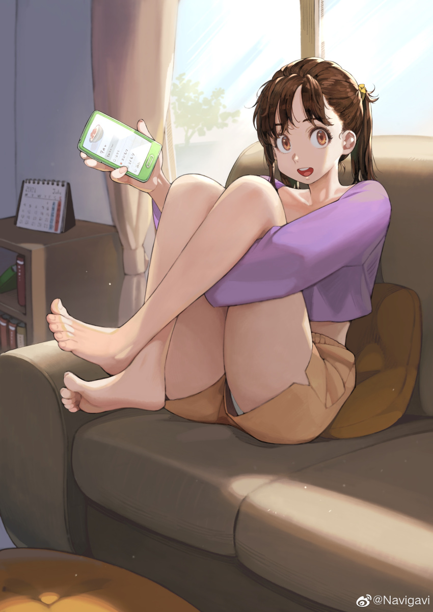 1girl absurdres bare_legs barefoot bookshelf brown_eyes brown_hair brown_shorts calendar_(object) cellphone couch day eyelashes feet full_body hair_ribbon half_updo highres holding holding_phone hugging_own_legs indoors jun_(seojh1029) knees_to_chest looking_at_viewer medium_hair midriff open_mouth original panties panty_peek phone purple_shirt ribbon shirt short_shorts short_sleeves shorts sitting smartphone smile soles solo sunlight thighs toes translated twintails underwear weibo_logo weibo_username white_panties window yellow_ribbon