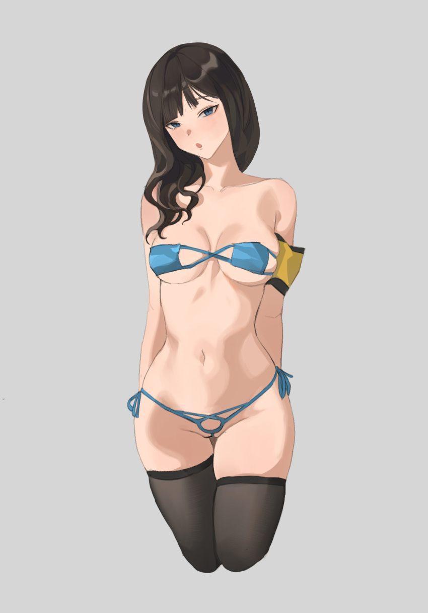 1girl armband arms_behind_back bikini black_hair black_thighhighs blue_bikini blue_eyes blue_ribbon breasts chuck_(harfmoondark) cleavage cropped_legs eyepatch_bikini grey_background highres long_hair looking_at_viewer medium_breasts navel open_mouth original partially_visible_vulva ribbon side-tie_bikini_bottom simple_background solo stomach swimsuit thigh_gap thighhighs
