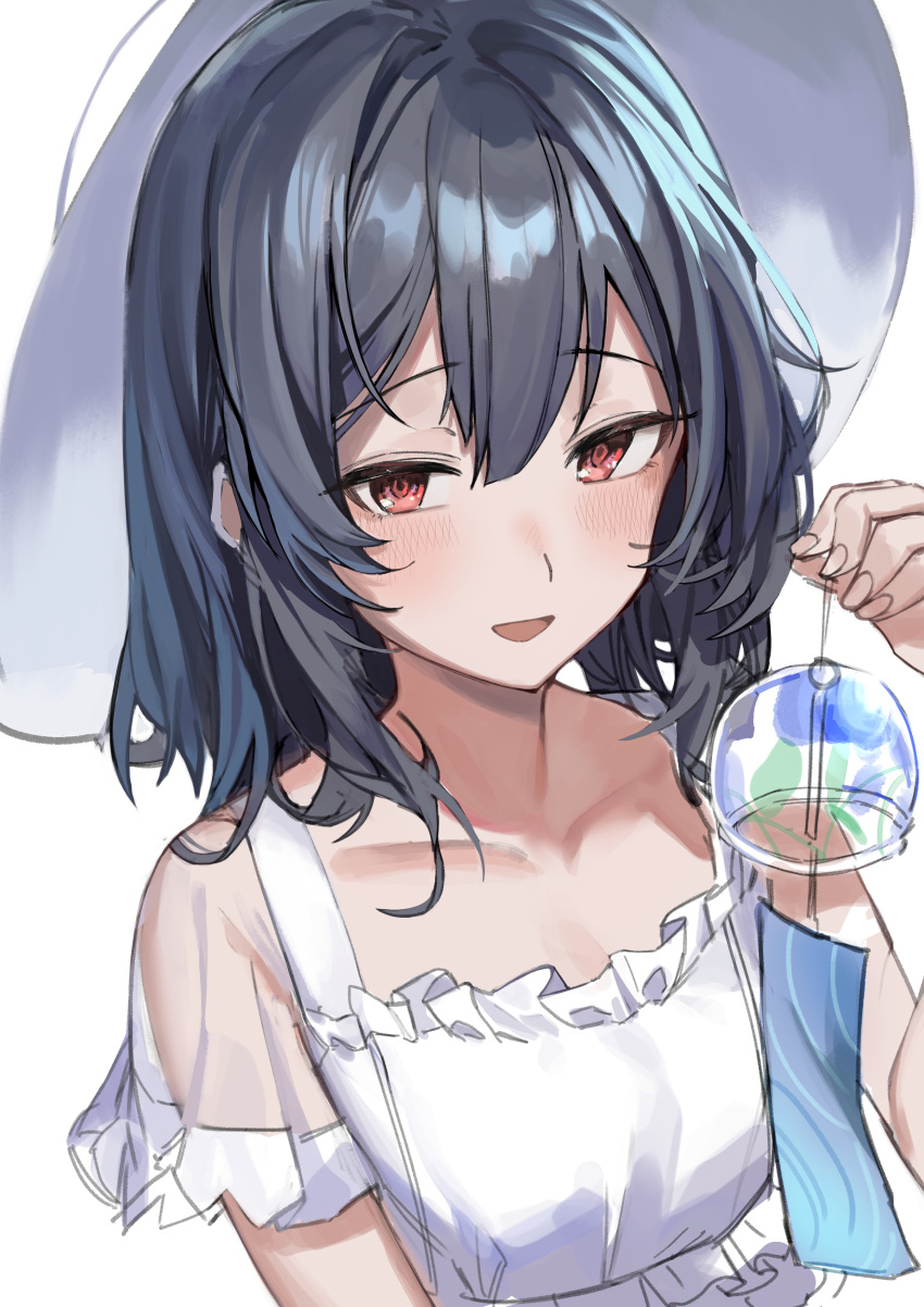 1girl absurdres arm_at_side bangs black_hair blush breasts collarbone dress hand_up haruyuki_(gffewuoutgblubh) hat highres idolmaster idolmaster_shiny_colors looking_at_viewer medium_hair morino_rinze open_mouth red_eyes see-through see-through_sleeves short_sleeves sidelocks small_breasts smile solo upper_body white_background white_dress white_headwear wind_chime
