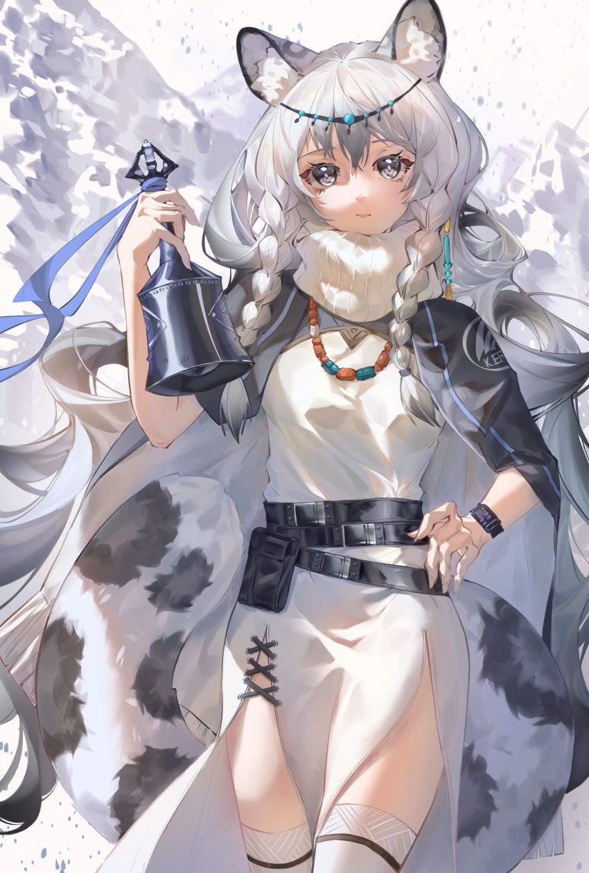 1girl absurdres animal_ear_fluff animal_ears arknights bangs bead_necklace beads bell belt black_hair braid cross-laced_clothes dress hair_between_eyes head_chain highres holding holding_bell jewelry long_hair looking_at_viewer multicolored_hair necklace pramanix_(arknights) shino_pupille snowing solo spotted_tail tail thighhighs twin_braids white_dress white_hair