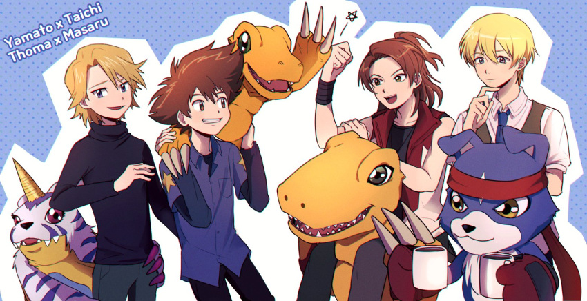 agumon anthro bandai_namco blonde_hair brown_hair digimon digimon_(species) digimon_data_squad gabumon gaomon group hair human male mammal marcus_daimon matt_ishida red_lyong taichi_kamiya thomas_norstein