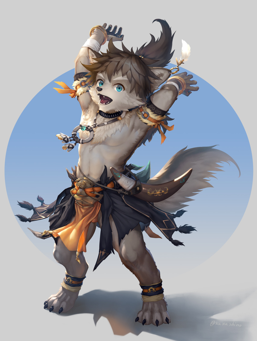 absurd_res anthro armlet belt blue_eyes boomerang bottomwear bracelet brown_hair canid canine canis claws clothed clothing digital_media_(artwork) ear_piercing ear_ring exposed_chest fabric feet fur grey_background hair hi_res jewelry kazashino leglet legwear loincloth looking_at_viewer male male_anthro mammal navel necklace open_mouth orange_undergarments piercing ponytail raising_arm ring_piercing short short_anthro simple_background solo tan_body tan_fur teeth_visible toe_claws tooth_necklace topless topless_anthro topless_male tribal wolf