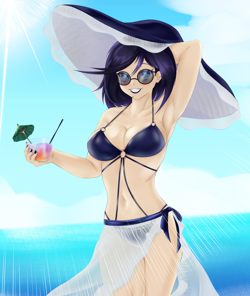 1girl absurdres arm_behind_head badsharku bikini black_hair blue_bikini blue_eyes breasts cleavage cocktail_umbrella girls'_frontline hat highres intruder_(girls'_frontline) large_breasts lipstick looking_at_viewer makeup nail_polish sangvis_ferri see-through smile sunglasses swimsuit