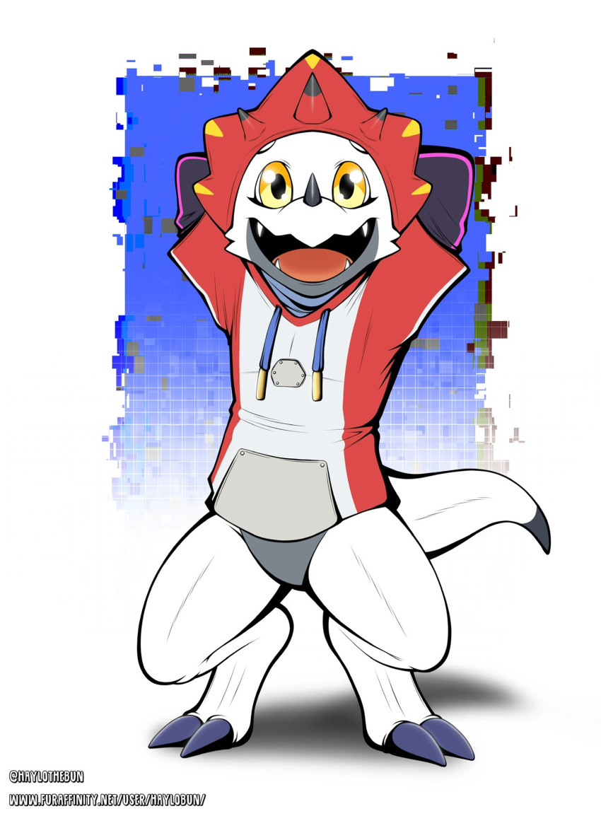 anthro bandai_namco black_claws claws clothing digimon digimon_(species) digimon_ghost_game gammamon haylothebun hi_res hoodie horn male smile solo themed_clothing topwear white_body yellow_eyes