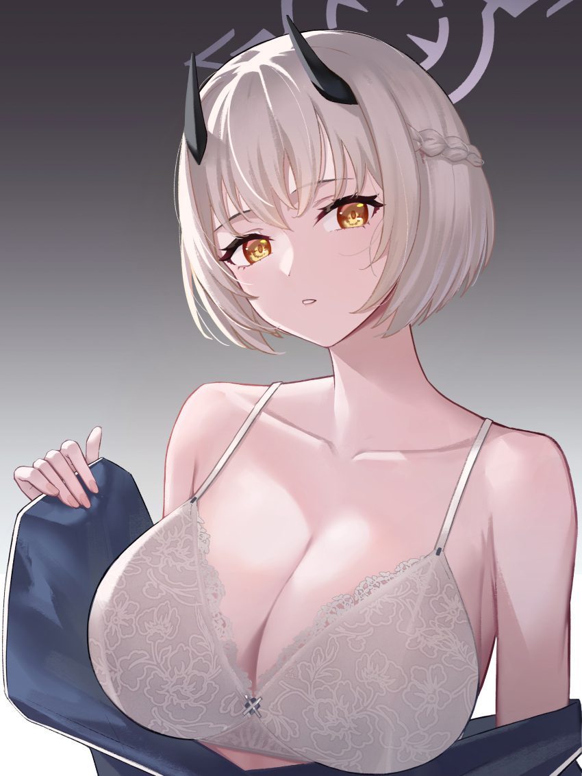 1girl absurdres bangs black_horns blue_archive bra breasts cleavage collarbone gradient gradient_background grey_hair halo highres horns lace-trimmed_bra lace_trim large_breasts looking_at_viewer onuj2$ open_clothes orange_eyes parted_lips sena_(blue_archive) short_hair simple_background solo underwear upper_body white_bra