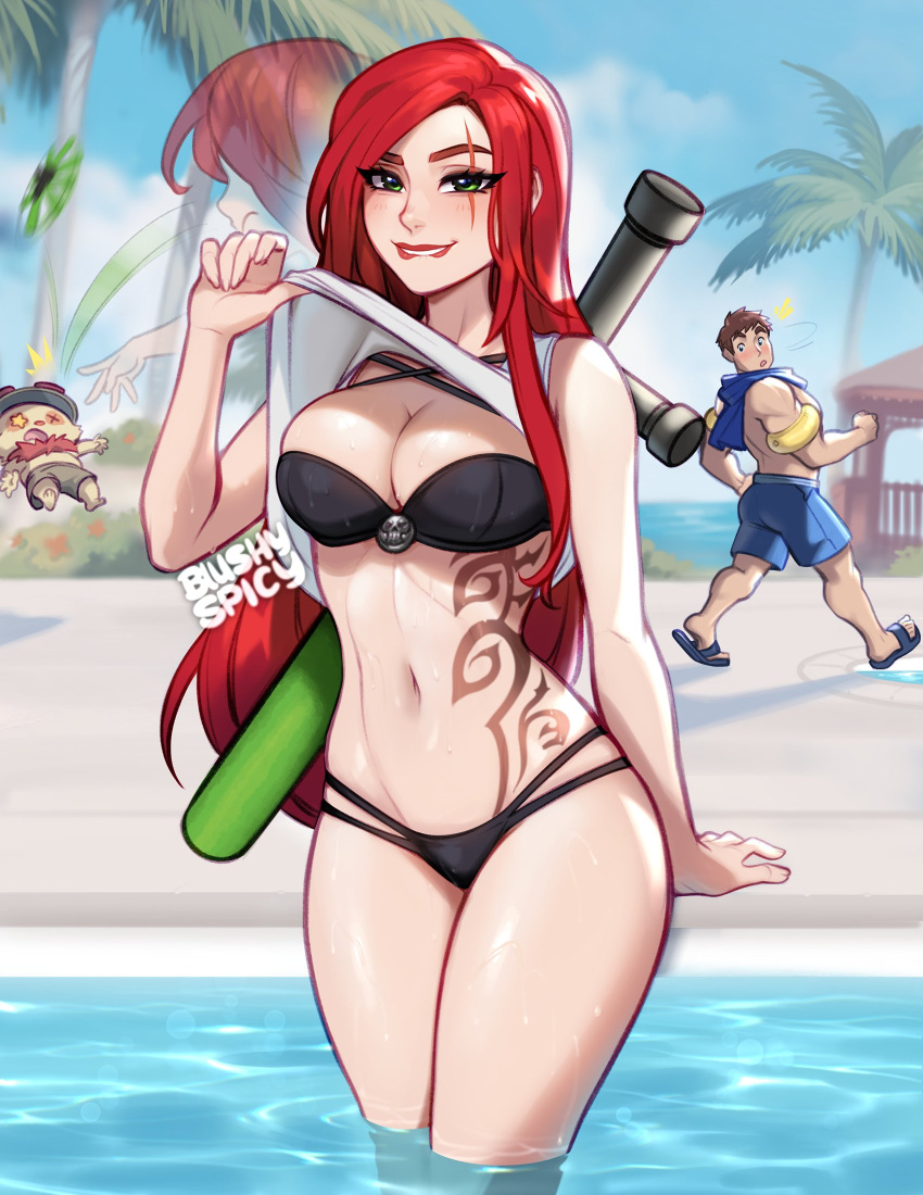 1girl 2boys afterimage alternate_costume aqua_eyes bikini biting black_bikini blue_sky blushyspicy breasts clothes_lift day garen_(league_of_legends) gazebo highres katarina_(league_of_legends) large_breasts league_of_legends lifted_by_self lip_biting long_hair looking_at_another looking_at_viewer multiple_boys navel outdoors palm_tree parted_lips pool poolside red_hair scar scar_across_eye shirt_lift sitting sky solo_focus stomach stomach_tattoo swimsuit tattoo teemo throwing toy_sword tree wading water weapon weapon_on_back