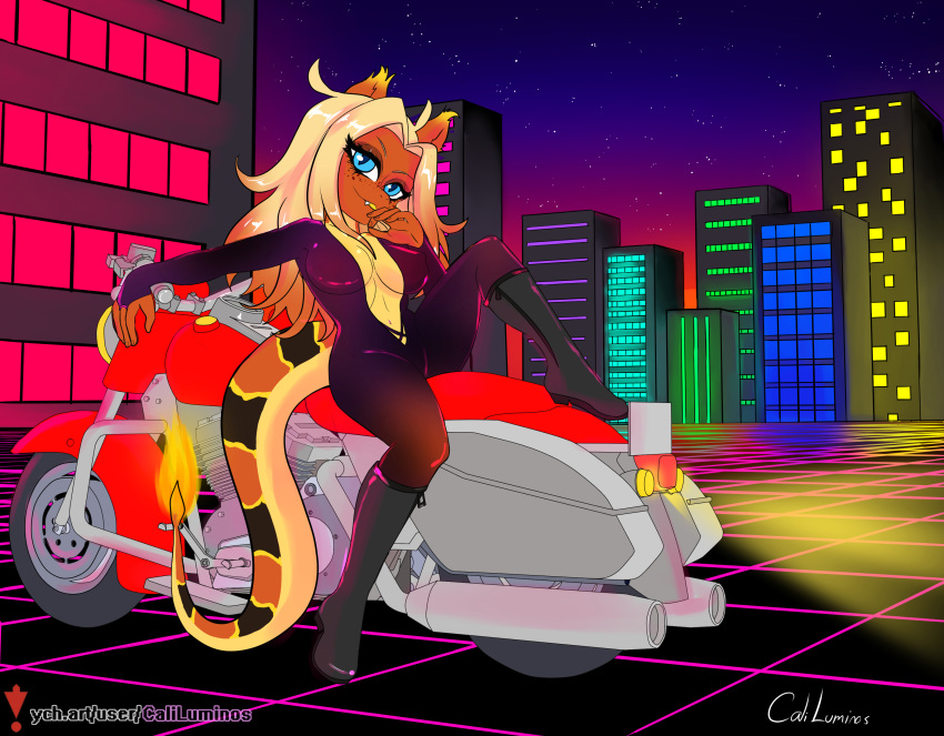 absurd_res anthro bike_(disambiguation) caliluminos female hi_res motor reptile scalie snake solo vaporwave