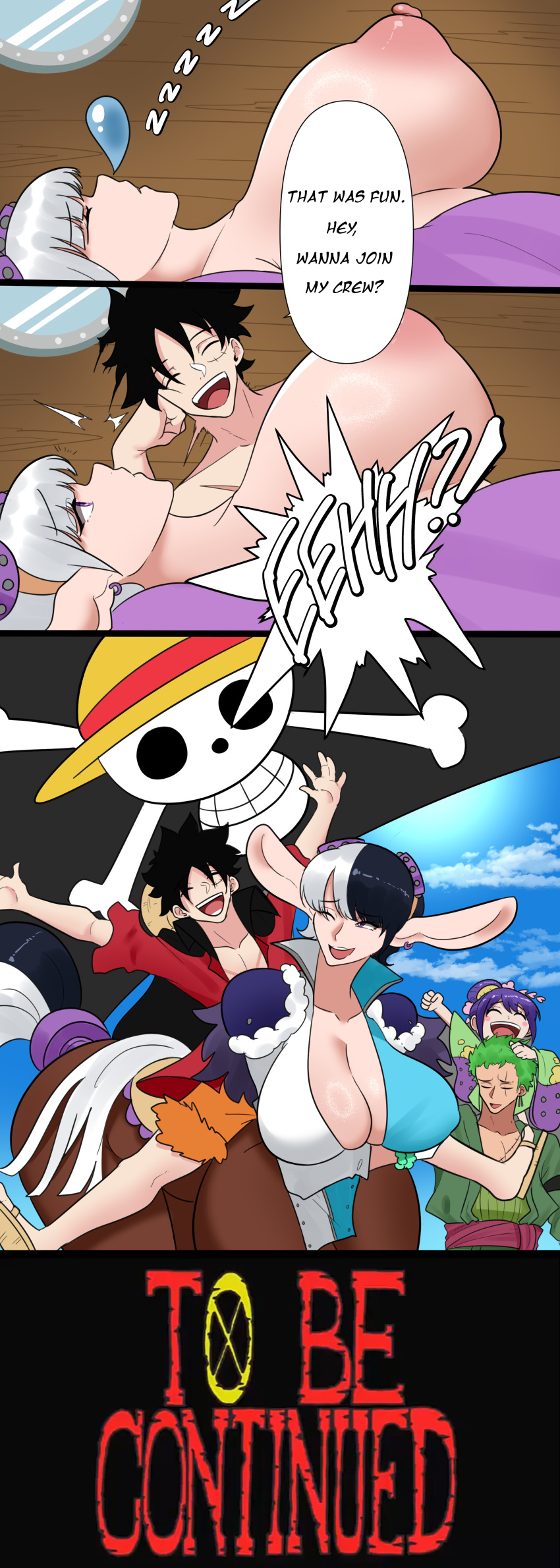 absurd_res after_sex big_breasts big_nipples breasts comic duo ending eyewear eyewear_on_head female flag goggles goggles_on_head happy happy_ending hi_res huge_breasts human male male/female mammal monkey_d._luffy nipples nose_bubble nyabeyo one_piece pirate sleeping speed_(one_piece) taur