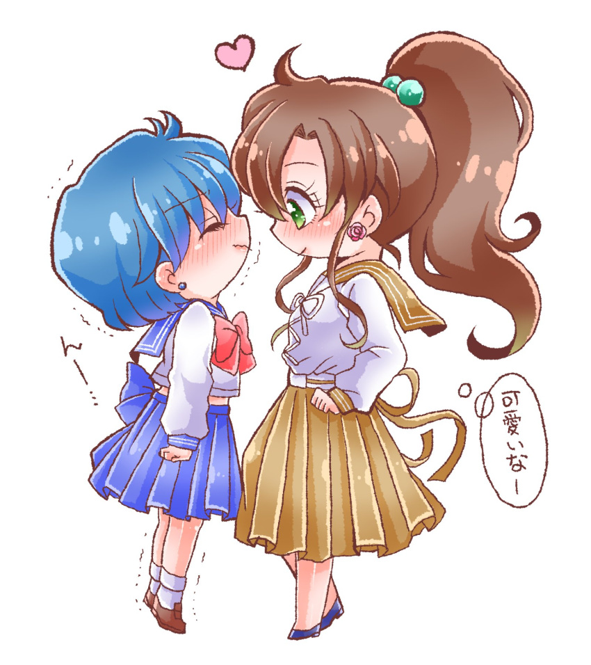 2girls bishoujo_senshi_sailor_moon blue_hair brown_hair chibi green_eyes highres juuban_middle_school_uniform kino_makoto kino_makoto's_school_uniform mizuno_ami multiple_girls ponytail school_uniform short_hair sidelocks supernova24_24 white_background yuri