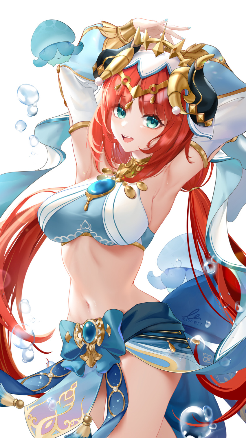 1girl :d armpits arms_up bangs blue_bow blue_nails bow breasts brooch cowboy_shot crop_top dancer detached_sleeves forehead_jewel fungi_(genshin_impact) genshin_impact gold_trim green_eyes happy harem_outfit highres horns jewelry liu_liaoliao long_sleeves looking_at_viewer low_twintails medium_breasts nail_polish navel neck_ring nilou_(genshin_impact) parted_bangs puffy_long_sleeves puffy_sleeves see-through shirt signature simple_background sleeveless sleeveless_shirt smile solo stomach sweat teeth thighs twintails twitter_username upper_teeth vambraces veil vision_(genshin_impact) water_drop white_background white_headdress