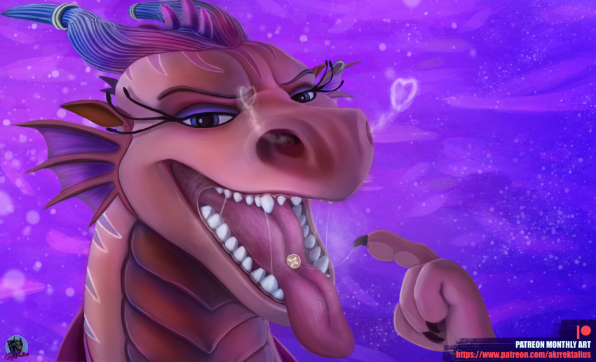 &lt;3 anthro babe_(luck) bodily_fluids claws clothed clothing coin dragon female hi_res horn_jewelry horn_ring looking_at_viewer luck_(film) open_mouth rektalius ring_(jewelry) saliva saliva_string solo tongue tongue_out