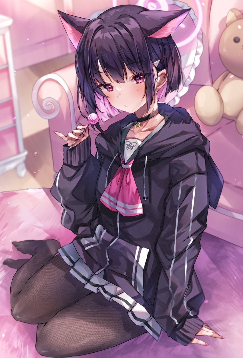 1girl absurdres animal_ears bangs black_hair blue_archive candy cat_ears choker couch feet fingernails food highres holding jacket kazusa_(blue_archive) lollipop multicolored_hair nail_polish pink_eyes pink_hair pink_nails short_hair solo sorashima_(117) stuffed_toy thighhighs two-tone_hair
