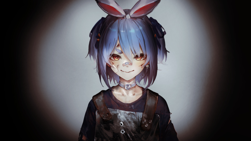 1girl absurdres bandaid bandaid_on_cheek bandaid_on_face bandaid_on_nose bangs blood blood_on_face blue_hair blue_ribbon blue_shirt bunny_earrings choker closed_mouth earrings hair_between_eyes hair_ribbon highres hololive hyde_(tabakko) jewelry looking_at_viewer red_eyes ribbon shirt short_hair simple_background solo thick_eyebrows two_side_up usada_pekora virtual_youtuber white_choker