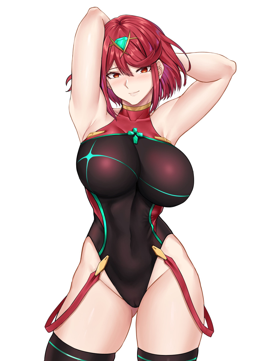 1girl absurdres armpits arms_up bangs bare_shoulders bob_cut breasts chest_jewel competition_swimsuit covered_navel deroo gem highres large_breasts looking_at_viewer one-piece_swimsuit pyra_(pro_swimmer)_(xenoblade) pyra_(xenoblade) red_eyes short_hair solo standing swept_bangs swimsuit thighhighs two-tone_swimsuit white_background xenoblade_chronicles_(series) xenoblade_chronicles_2