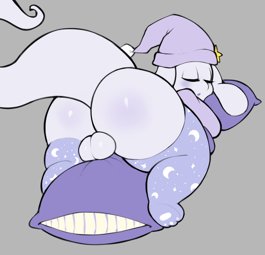 absurd_res anthro balls big_butt blush bottomless butt clothed clothing eyes_closed floppy_ears footwear genitals hi_res huge_butt knee_highs knee_socks legwear lying male mammal nue_stargazer on_front open_mouth pillow sleeping sleeping_cap socks solo thick_thighs virito white_body